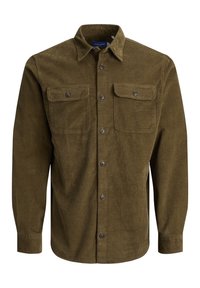 Camicia in corduroy verde oliva da uomo con maniche lunghe, chiusura a bottoni e due tasche sul petto con bottone.