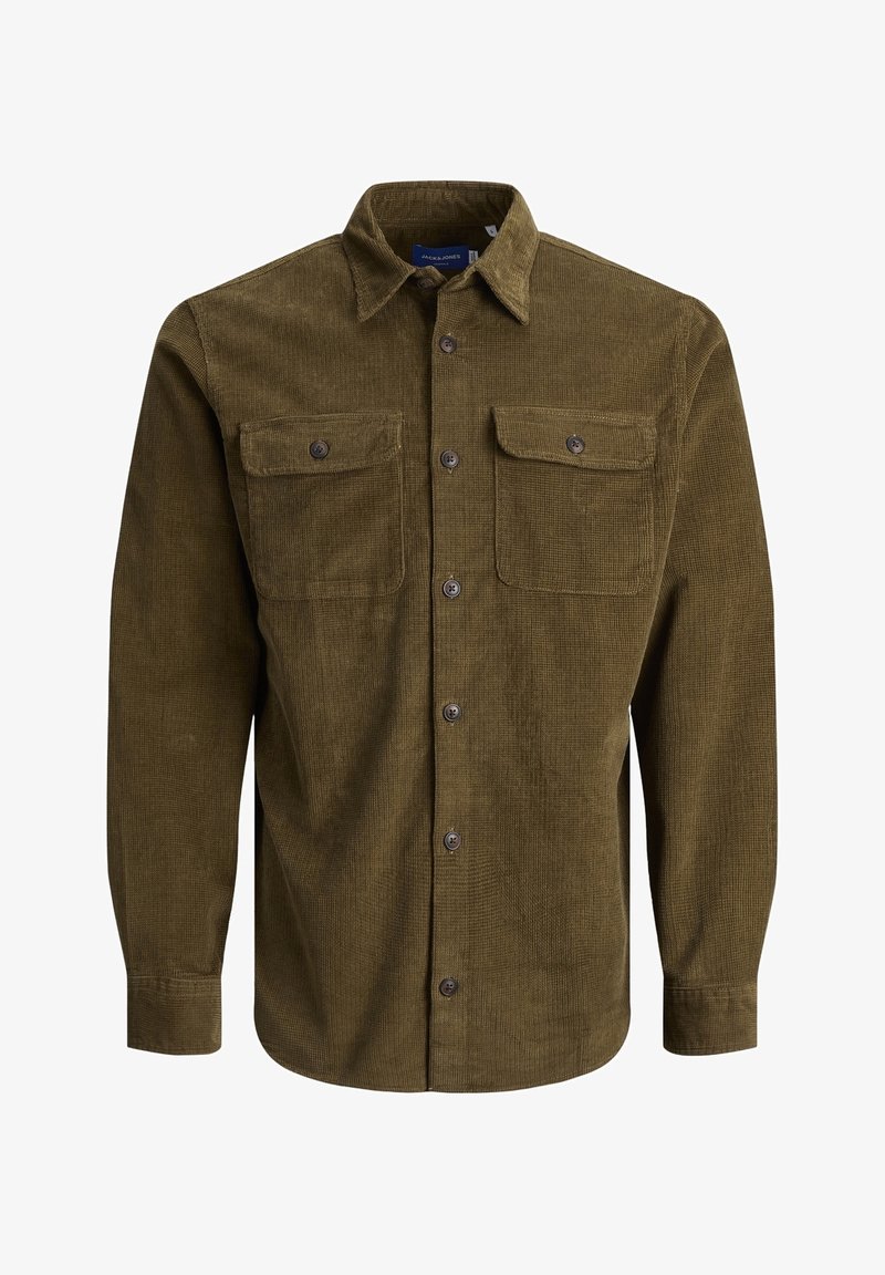 Camicia in corduroy verde oliva da uomo con maniche lunghe, chiusura a bottoni e due tasche sul petto con bottone.