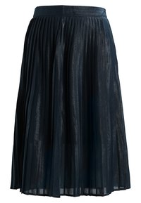 Záhybová sukně z tmavě námořnické tkaniny, s hladkým pasem a splývavou, lehkou texturou s jemným leskem.