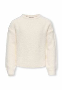 Kreemikujuline pehme pikkade varrukatega kampsun ümmarguse kaelusega ja soonikkoes mansettidega, esitatud lihtsal valgel taustal.