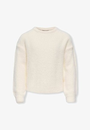 cremefarbener, flauschiger Pullover mit langen Ärmeln, Rundhalsausschnitt und gerippten Bündchen, vor einem schlichten weißen Hintergrund präsentiert.