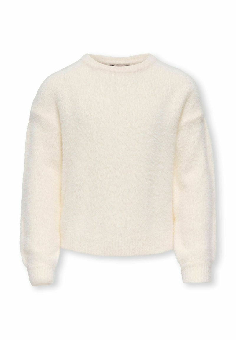 Kreemikujuline pehme pikkade varrukatega kampsun ümmarguse kaelusega ja soonikkoes mansettidega, esitatud lihtsal valgel taustal.