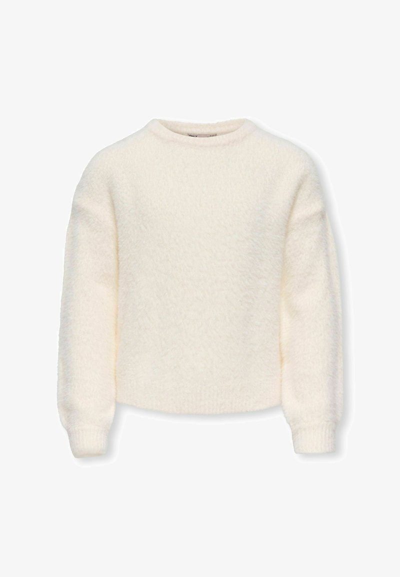 Kreemikujuline pehme pikkade varrukatega kampsun ümmarguse kaelusega ja soonikkoes mansettidega, esitatud lihtsal valgel taustal.