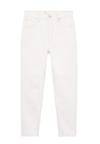 Jeans en denim blanc avec une coupe slim, cinq poches et une fermeture à bouton. Texture lisse avec des détails de couture subtils et sans motifs visibles.