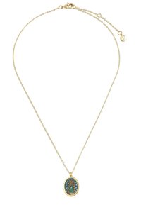 Goldene Kettenhalskette mit einem ovalen Anhänger, der ein buntes Hundedesign und blaue Akzente aufweist. Strukturiert mit einer polierten Oberfläche.