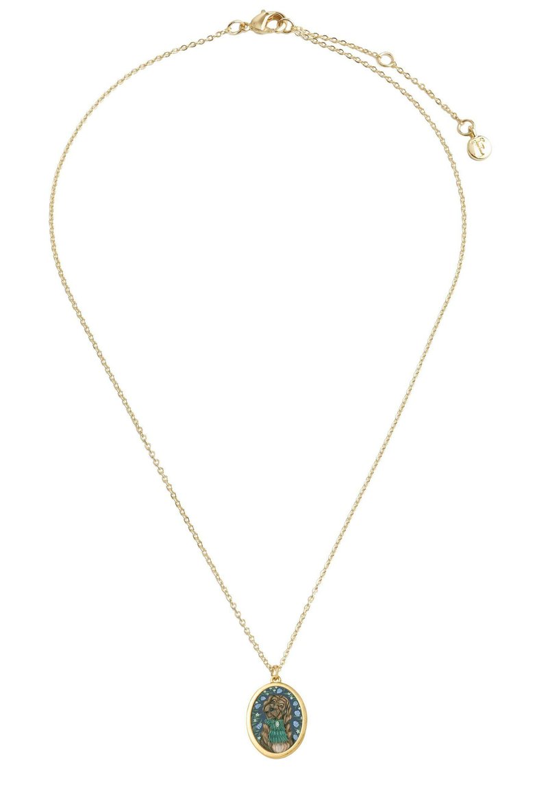 Goldene Kettenhalskette mit einem ovalen Anhänger, der ein buntes Hundedesign und blaue Akzente aufweist. Strukturiert mit einer polierten Oberfläche.