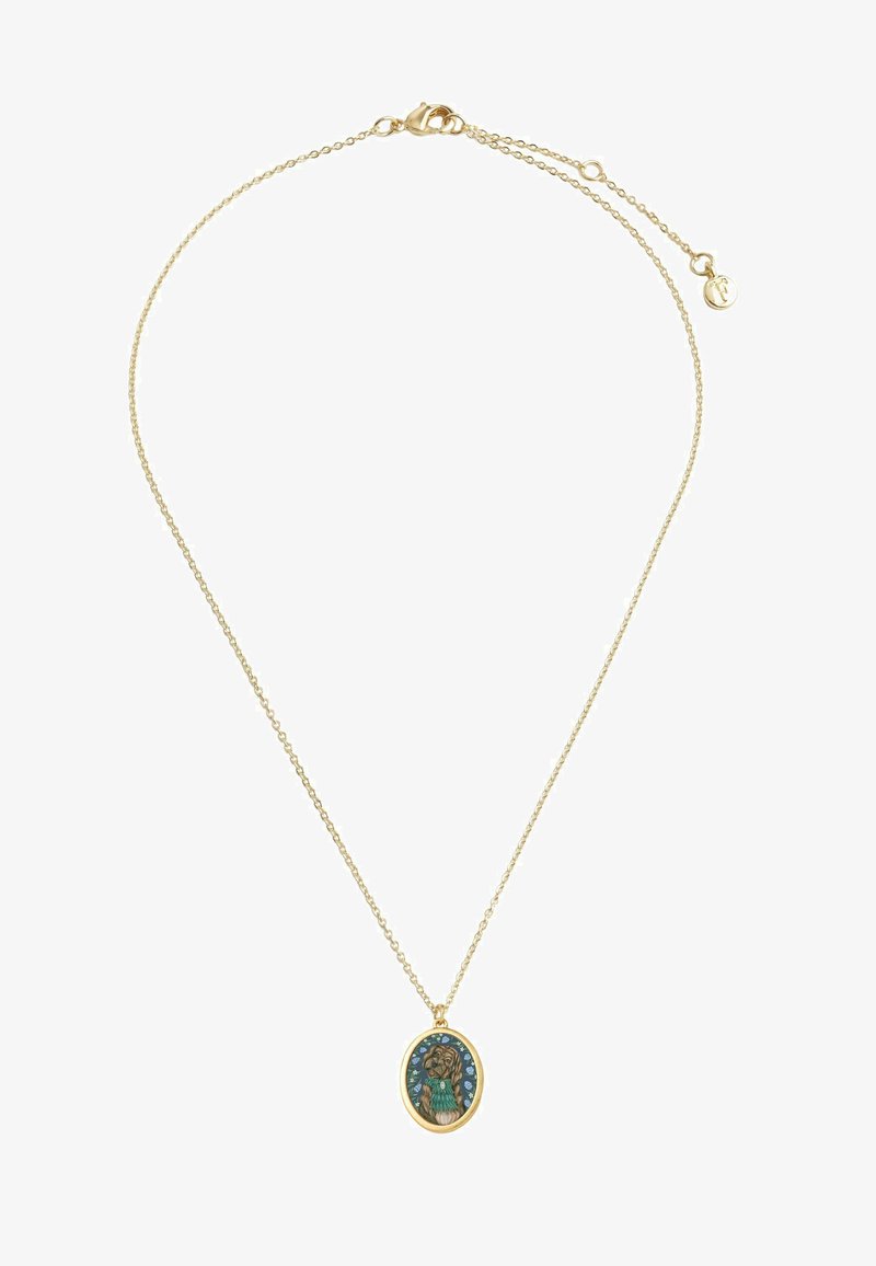 Gouden ketting met een ovale hanger met een kleurrijk hondontwerp en blauwe accenten. Geëtste oppervlakte met een gepolijste afwerking.