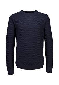 Granatowy sweter dzianinowy z diamentowym wzorem, z okrągłym dekoltem oraz ściągaczami na mankietach i u dołu. Wykonany z teksturowanej tkaniny.