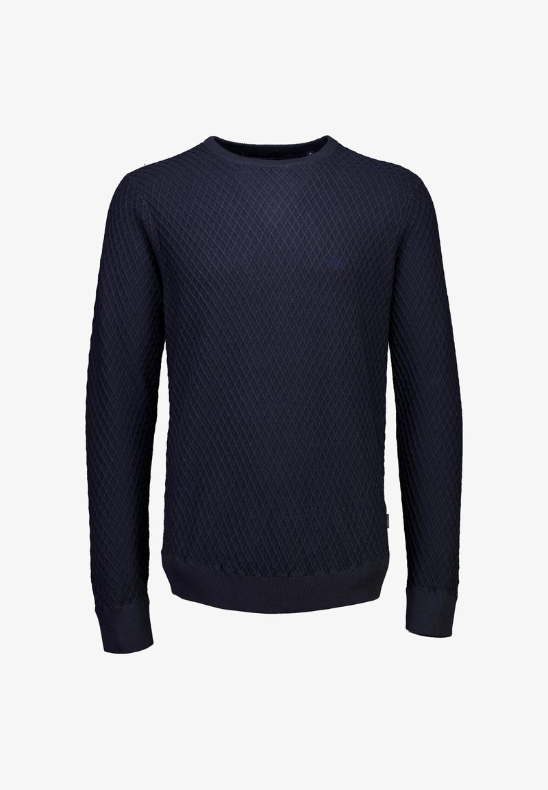 Granatowy sweter dzianinowy z diamentowym wzorem, z okrągłym dekoltem oraz ściągaczami na mankietach i u dołu. Wykonany z teksturowanej tkaniny.