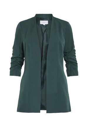 Blazer ajusté vert avec une texture lisse et des manches trois-quarts froncées. Comprend une ouverture avant et une doublure en satin.