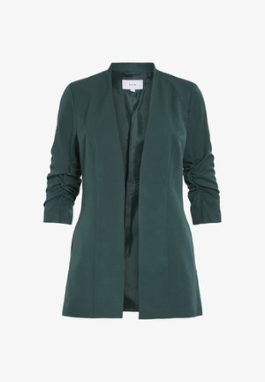 Green tailored blazer with a smooth texture and ruched three-quarter sleeves. Features an open front and a satin lining.