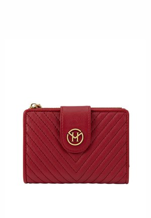 Punainen tikattu nahkalompakko, jossa kultainen logon solki ja päältä vetoketju, suorakulmainen muoto, kompakti design.