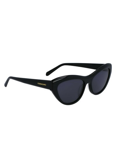 Katzenaura-Sonnenbrille aus schwarzem Kunststoff mit dunklen Gläsern. Verfügt über das goldene "Ferragamo"-Logo am Bügel. Schlankes Design mit geschwungenerForm.