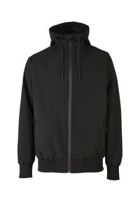 Schwarze Zip-Jacke mit Kapuze, elastischen Bündchen und Saum, seitlichen Taschen und einer glatten, matten Stofftextur.