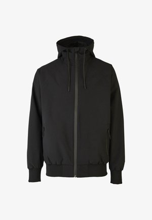 Black zip-up jacket with a hood, featuring elastic cuffs and waistband, side pockets, and a smooth, matte fabric texture.