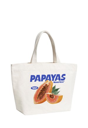 Canvas tote bag with handles featuring a printed design of sliced papayas, green leaves, and text "PAPAYAS Neverless" and "Tropical Energy."