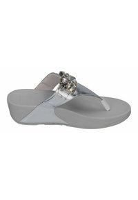 Zilveren flip-flop sandaal met een brede band, versierd met decoratieve edelstenen. Bevat een gewatteerde grijze zool en een gladde textuur.