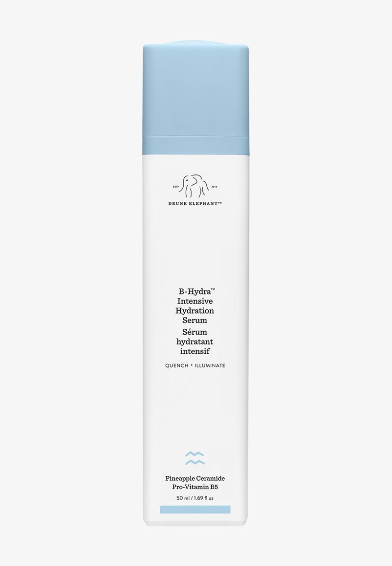 Drunk Elephant B-Hydra Intensive Hydration Serum bottle with blue cap, labeled with key ingredients and 50 ml volume, on white background.