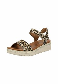 Sandalias de cuña con estampado de leopardo y plataforma acolchada en color beige, que cuentan con dos correas ajustables y una suela texturizada para mayor agarre.