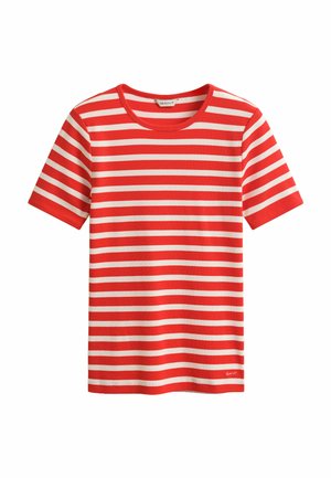 Red and white horizontal striped short-sleeve T-shirt with round neckline and small logo near hem on plain background.
