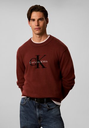 Uomo con capelli castani che indossa un maglione Calvin Klein color ruggine e jeans blu, in piedi davanti a uno sfondo grigio semplice.