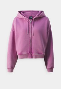 Sudadera con capucha corta de color rosa, hecha de tela suave, con cremallera frontal, capucha con cordón ajustable y puños y dobladillo acanalados.