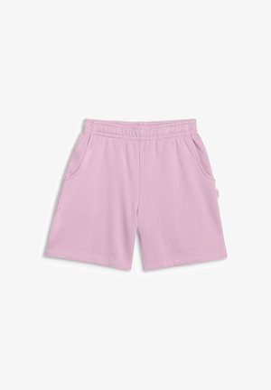 Shorts décontractés violet clair avec taille élastique et poches latérales, posés à plat sur un fond blanc.