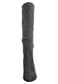 Bota de ante negra hasta la rodilla con un diseño elegante, punta redondeada, cremallera lateral y textura suave. Sin patrones ni adornos visibles.