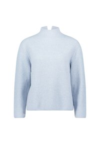 Helles blaues geripptes Sweatshirt mit hohem Kragen und langen Ärmeln, das über eine weiche Textur und einen entspannten Schnitt verfügt.