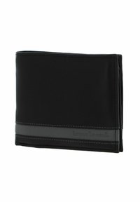 Portefeuille en cuir noir avec une texture lisse, présentant une bande d'accent grise et des coutures détaillées, plié avec un design simple.