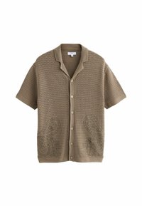 Blandet kortærmet cardigan i tan med et struktureret mønster, knaplukning foran og dekorative detaljer nederst foran, der har sidelommer.