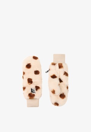 Paar crèmekleurige, pluizige wanten met bruine vlekken, geribde manchetten en een klein zwart-wit label op één want.