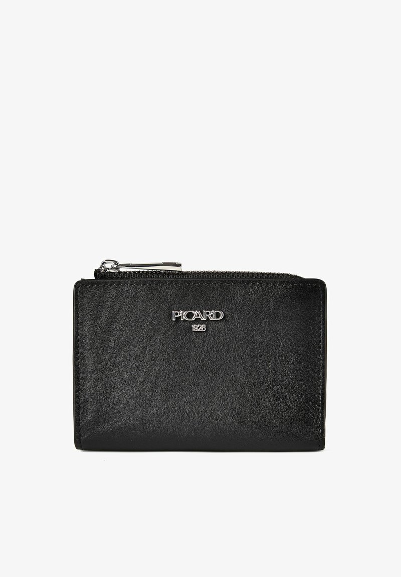 Portefeuille en cuir noir avec fermeture éclair argentée et logo PICARD 1928 embossé à l'avant, vu sur fond blanc.
