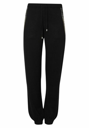 Pantaloni jogger neri realizzati in tessuto morbido, con vita regolabile, orli affusolati e tasche laterali decorate per un tocco di stile.