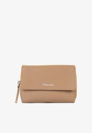 Brown leather wallet with a textured finish, zip closure, and a front flap. Features silver branding on the front. Compact and rectangular shape.