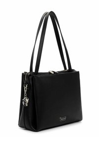 Musta synteettinen olkalaukku, jossa on jämäkkä muotoilu, kaksi pitkää kahvaa, vetoketjusuljenta ja koristeellinen koriste sivulla.