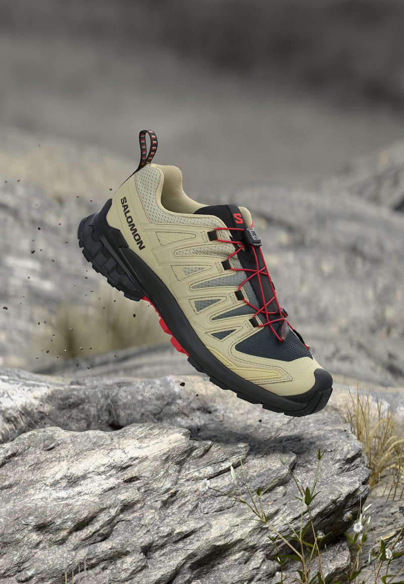 Chaussure de trail Salomon beige et noire avec des lacets rouges flottant au-dessus d'un terrain rocheux avec de petites plantes.