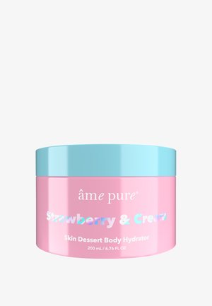 Runder pinkfarbener Behälter mit einem hellblauen Deckel, beschriftet mit "Erdbeere & Sahne" in holografischem Text. Enthält 200 mL Körperfeuchtigkeitsspender.