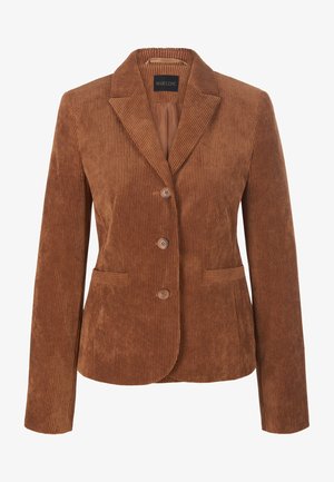 Blazer marrón de pana con cuello con muesca, tres botones, mangas largas y dos bolsillos de ojal delanteros, corte entallado.