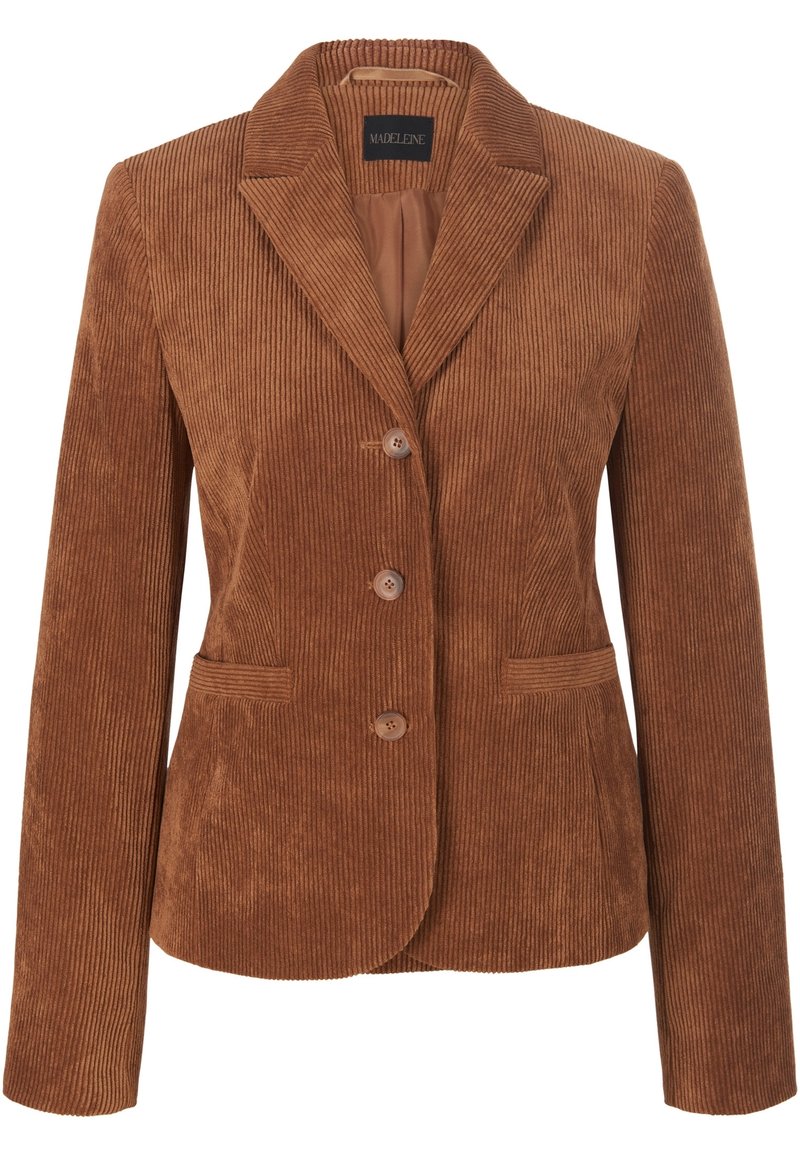 Blazer en velours côtelé marron avec col cranté, trois boutons, manches longues et deux poches à l'avant, coupe ajustée.