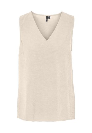 Haut beige sans manches à col en V avec une coupe décontractée et un tissu uni texturé, présenté sur un fond blanc.