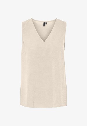 Haut beige sans manches à col en V avec une coupe décontractée et un tissu uni texturé, présenté sur un fond blanc.