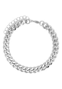 Bracciale in argento con spesse maglie intrecciate e chiusura regolabile con catene aggiuntive per la regolazione della misura. Finitura lucida.