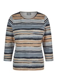Langarmshirt für Damen mit horizontalen Streifen in Beige-, Grau-, Schwarz- und Weißtönen, mit Rundhalsausschnitt.