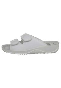 White slide sandal with a smooth upper, two adjustable velcro straps, and a textured rubber sole for traction. Lightweight design.
