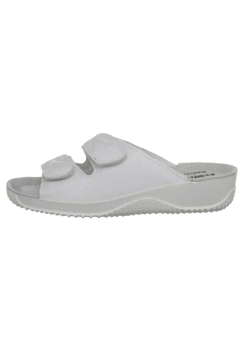 White slide sandal with a smooth upper, two adjustable velcro straps, and a textured rubber sole for traction. Lightweight design.