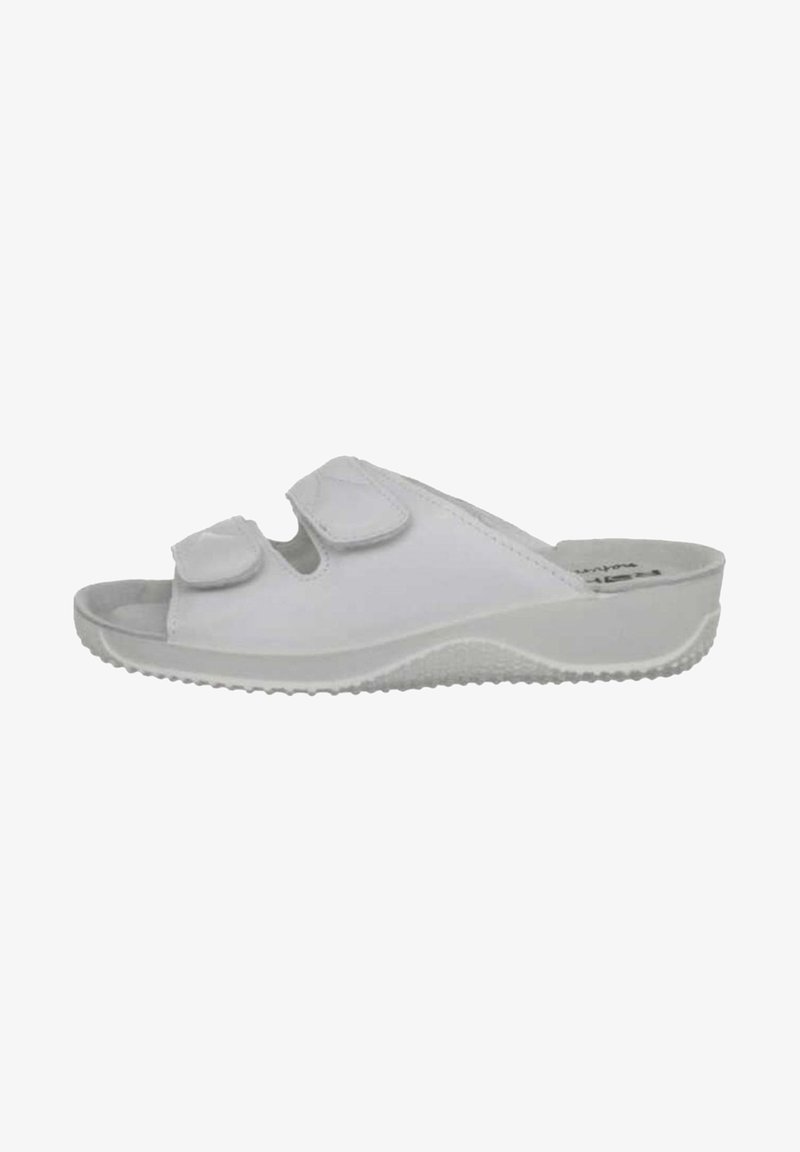 White slide sandal with a smooth upper, two adjustable velcro straps, and a textured rubber sole for traction. Lightweight design.