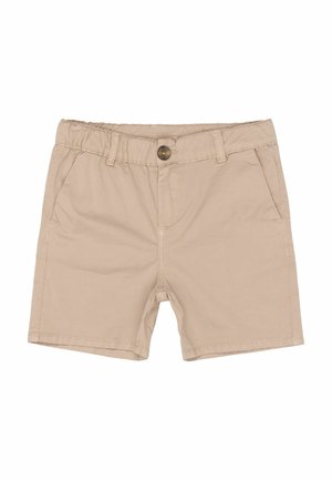 Beżowe szorty z elastycznym pasem, zapięciem na guzik, szlufkami na pasek i przednimi kieszeniami, rozłożone na płasko na białym tle.