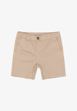 Beżowe szorty z elastycznym pasem, zapięciem na guzik, szlufkami na pasek i przednimi kieszeniami, rozłożone na płasko na białym tle.