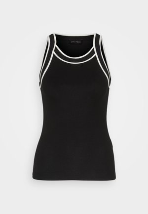 Débardeur noir à côtes avec des bordures blanches. Il présente un col rond et un design dos nageur. Fabriqué en tissu extensible pour plus de confort.